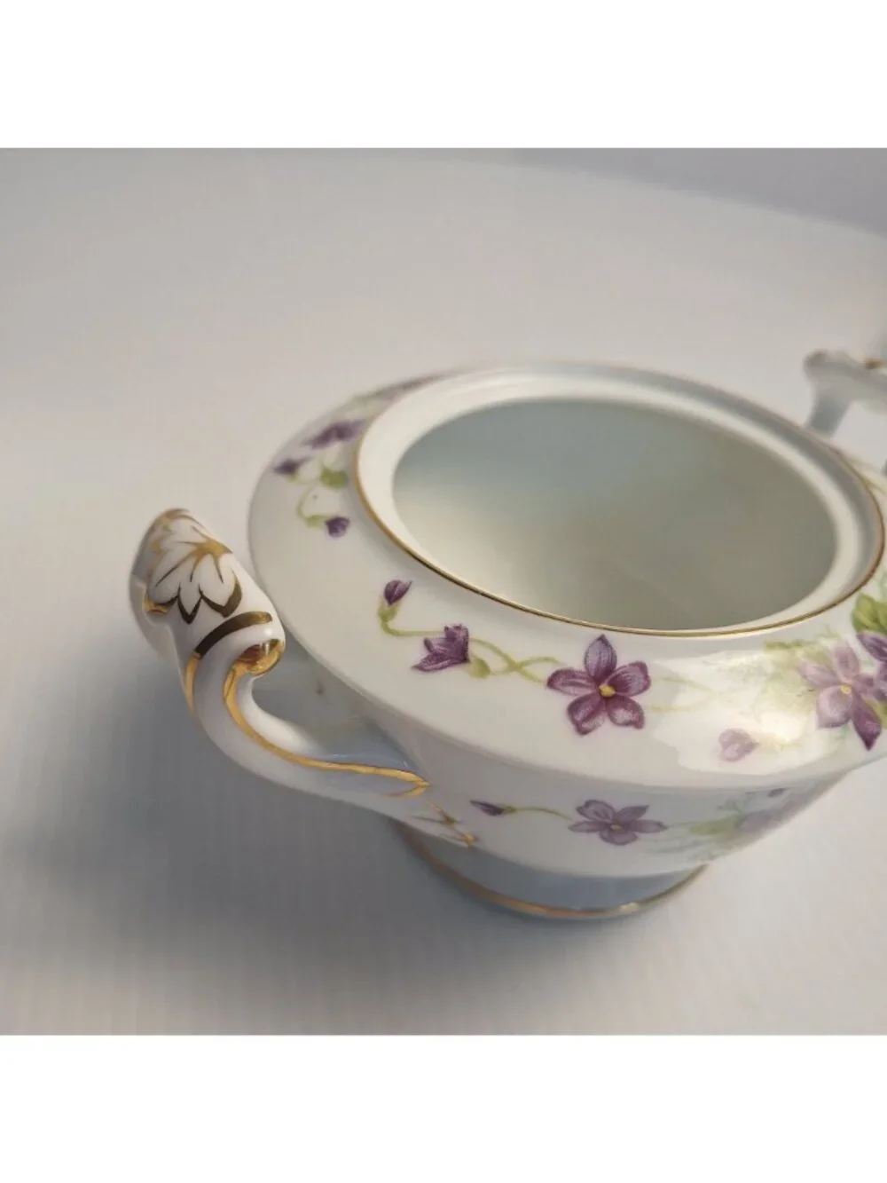 WENTWORTH CHINA JAPAN PURPLE FLORAL GOLD TRIM CREAM AND LIDDED SUGAR SET VIOLA